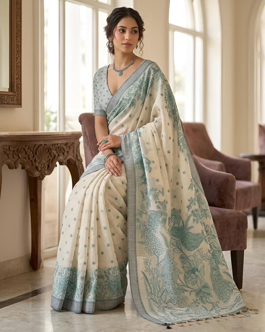 Green Printed Saree with Floral Design & Designer Pallu