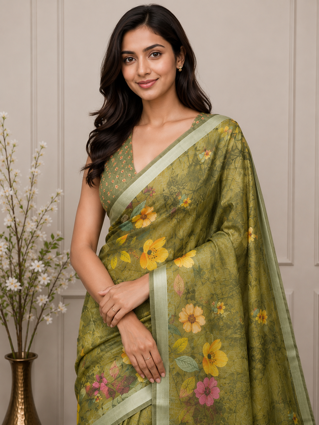 Green Floral Cotton Silk Saree with Designer Printed Pallu