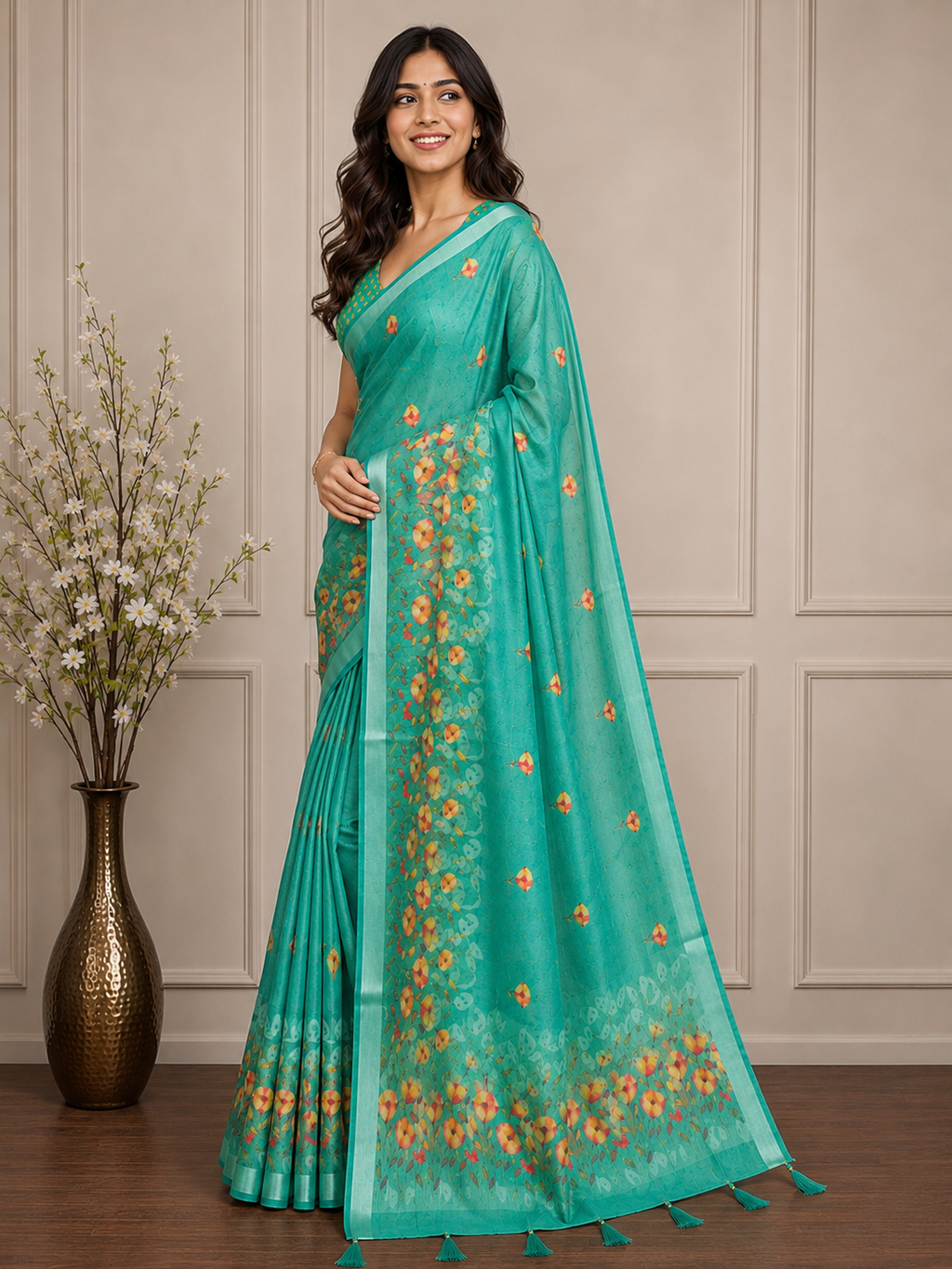 Green Floral Cotton Silk Saree with Designer Printed Pallu