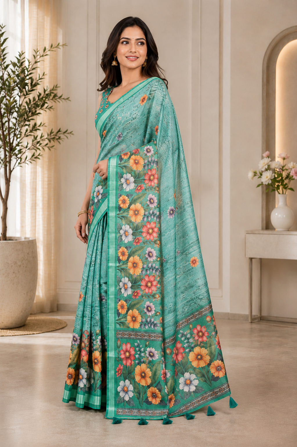 Green Floral Printed Linen Blend Saree with Tassels