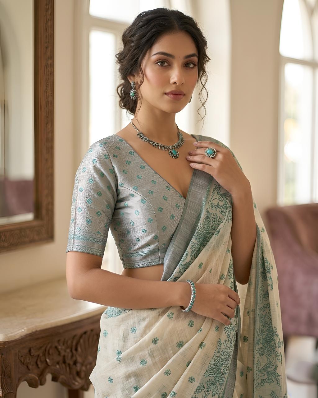 Green Printed Saree with Floral Design & Designer Pallu