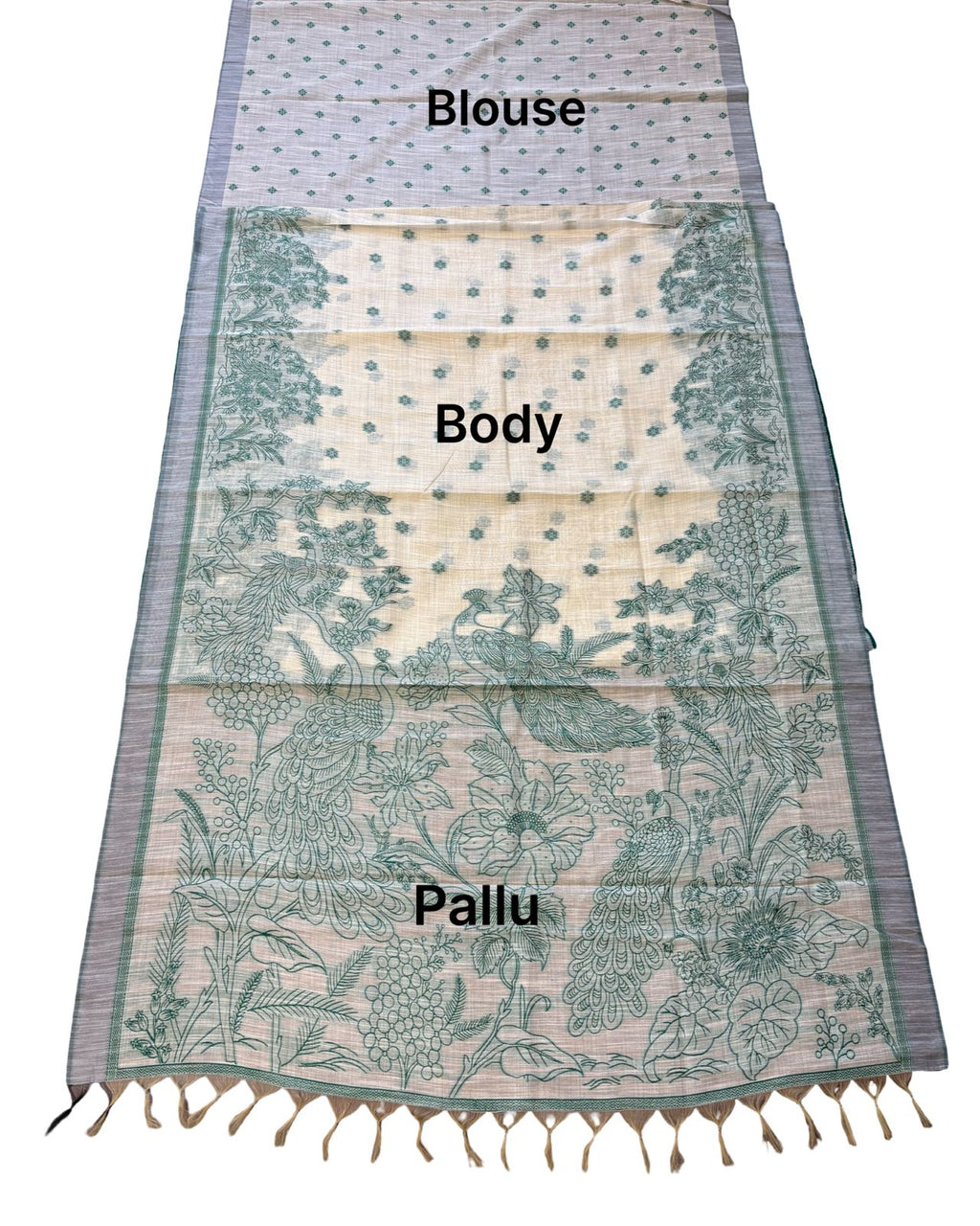 Green Printed Saree with Floral Design & Designer Pallu