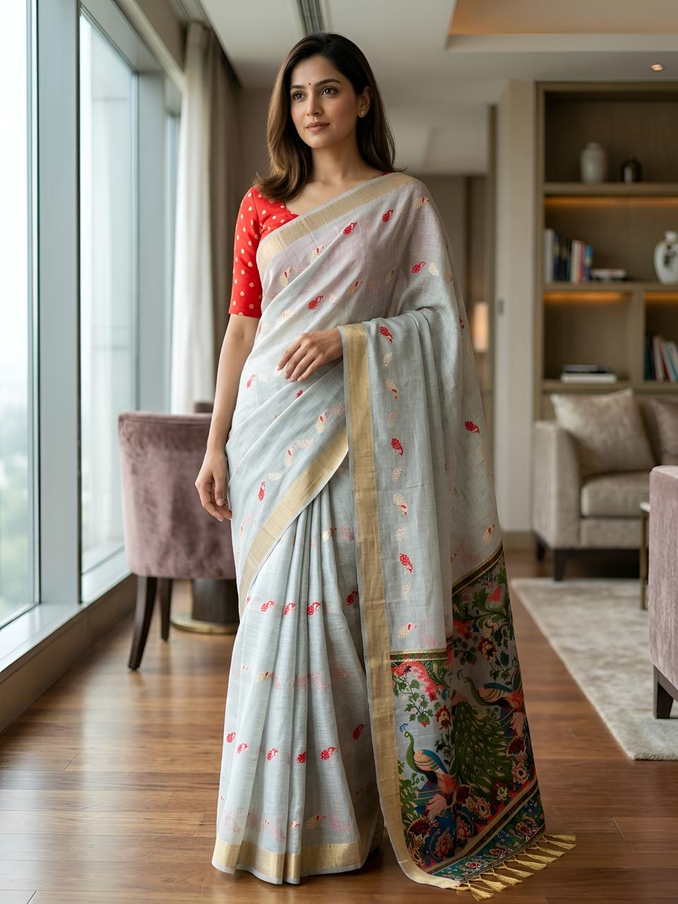 Silver Grey Silk Saree with Peacock Kalamkari Pallu & Golden Zari Border
