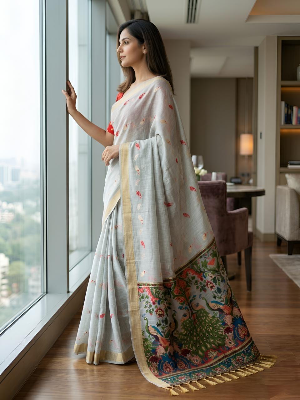 Silver Grey Silk Saree with Peacock Kalamkari Pallu & Golden Zari Border