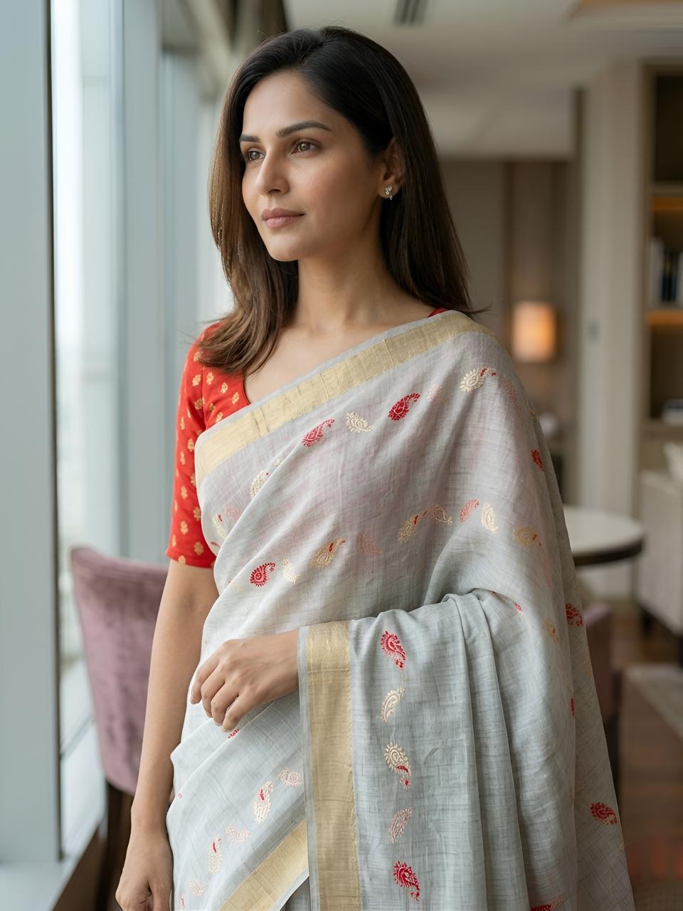 Silver Grey Silk Saree with Peacock Kalamkari Pallu & Golden Zari Border