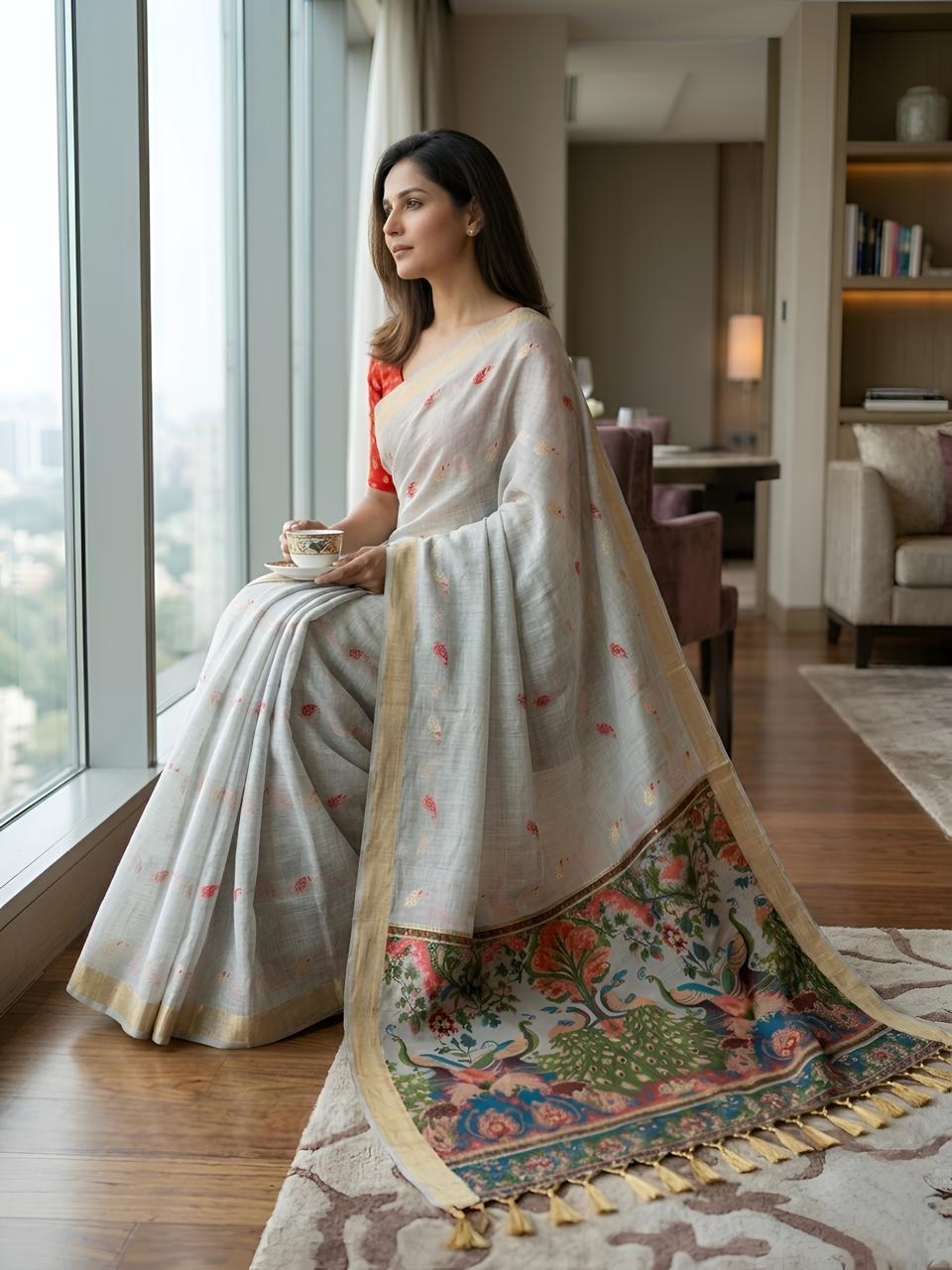 Silver Grey Silk Saree with Peacock Kalamkari Pallu & Golden Zari Border