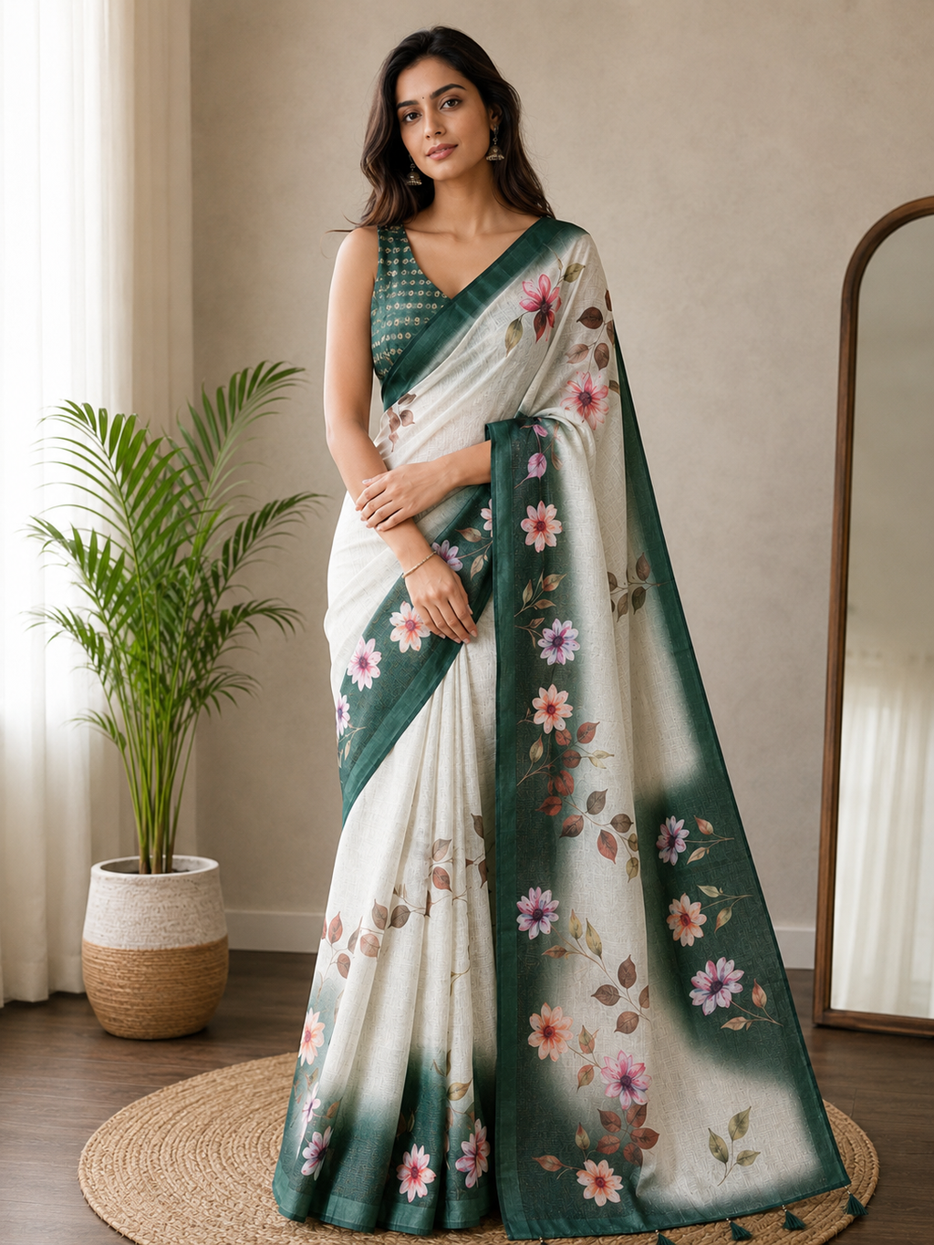 Grey Floral Border Printed Linen Blend Saree