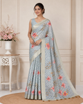 Grey Floral Printed Kanjivaram Silk Saree for Women | Elegant Traditional Saree