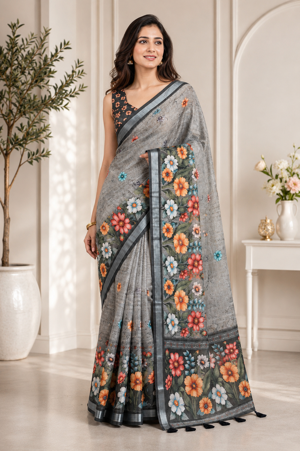 Grey Floral Printed Linen Blend Saree with Tassels