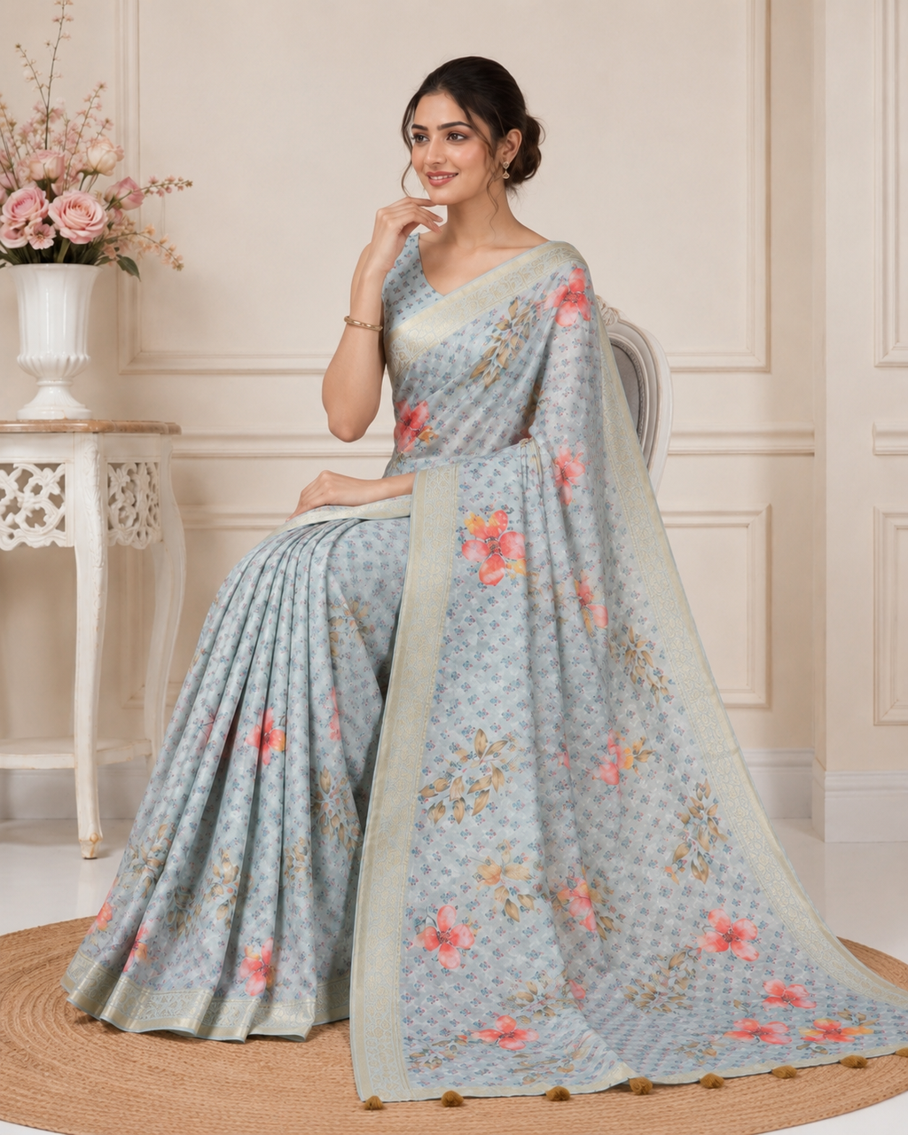 Grey Floral Printed Kanjivaram Silk Saree for Women | Elegant Traditional Saree