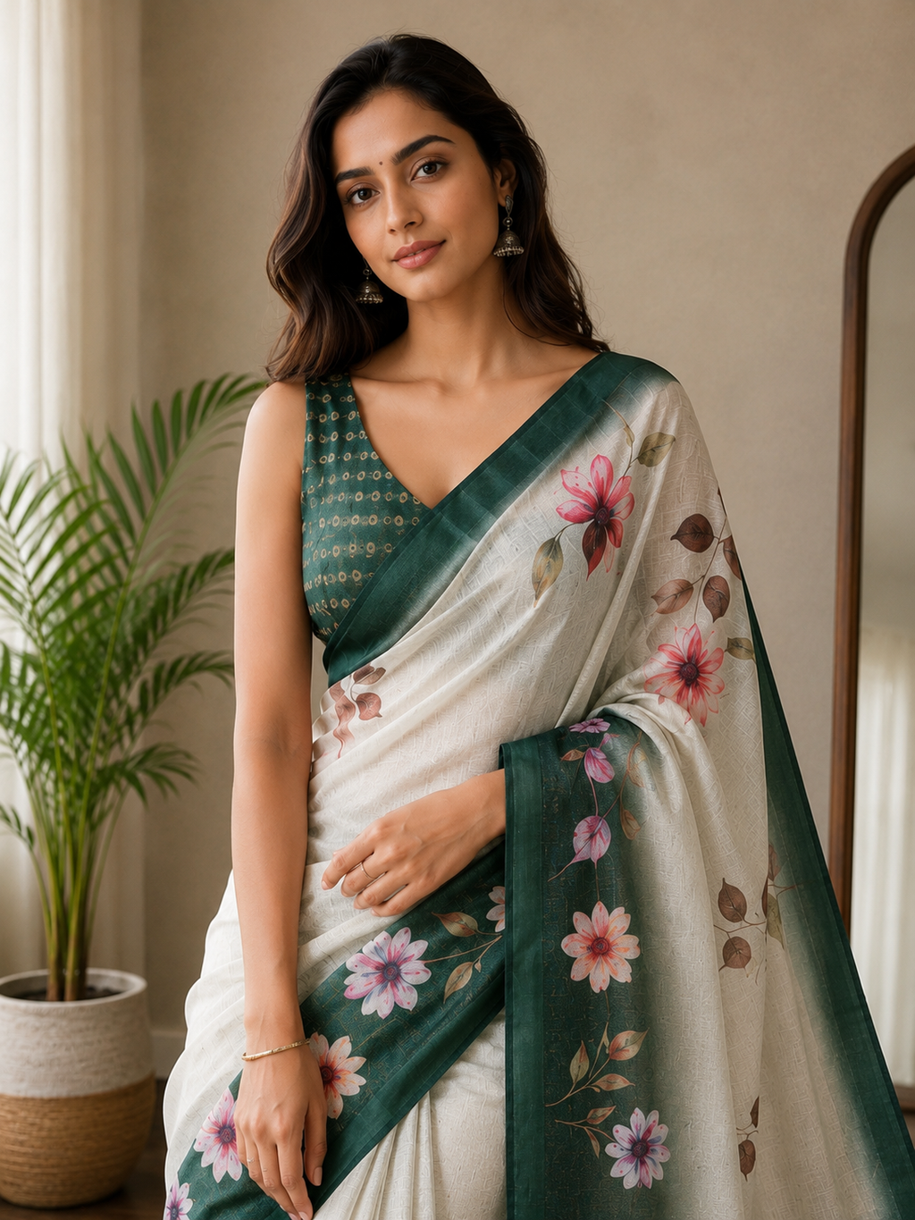 Grey Floral Border Printed Linen Blend Saree