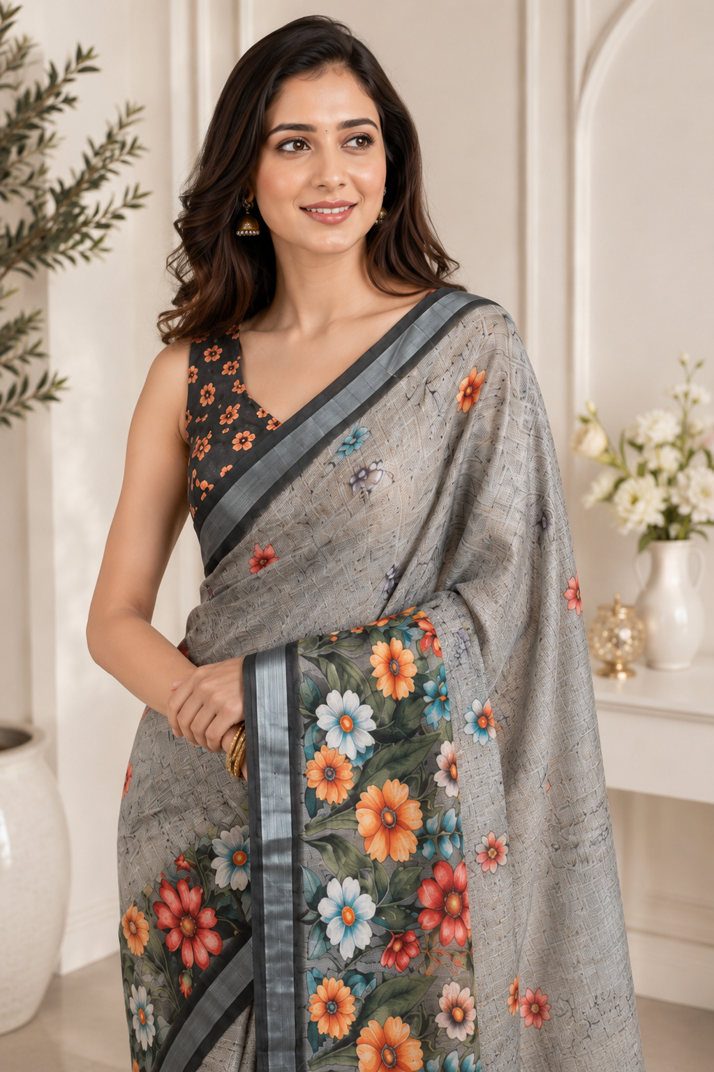 Grey Floral Printed Linen Blend Saree with Tassels