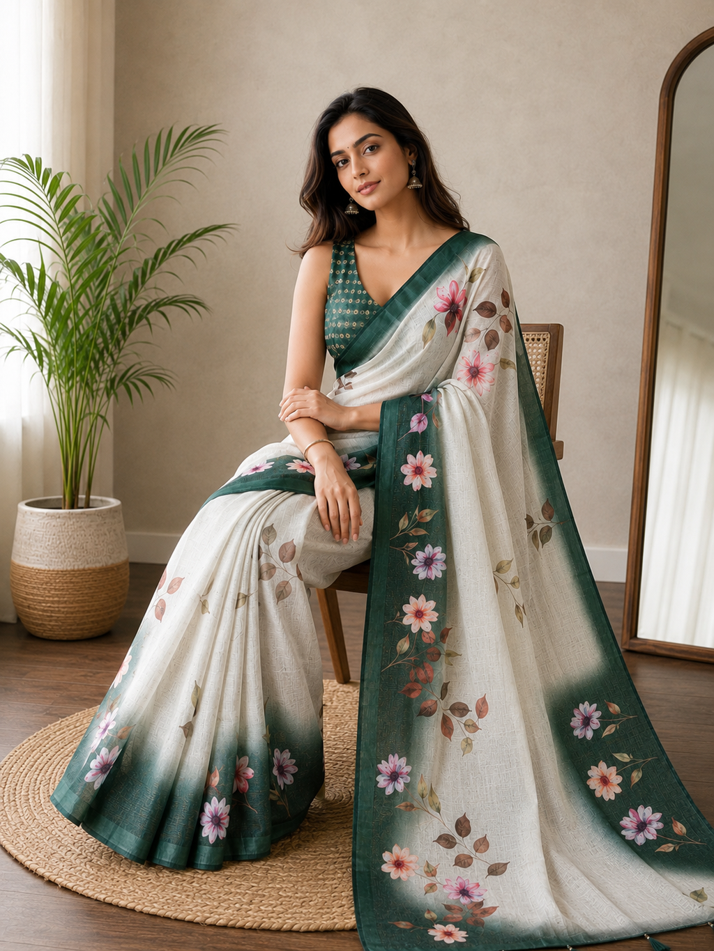 Grey Floral Border Printed Linen Blend Saree