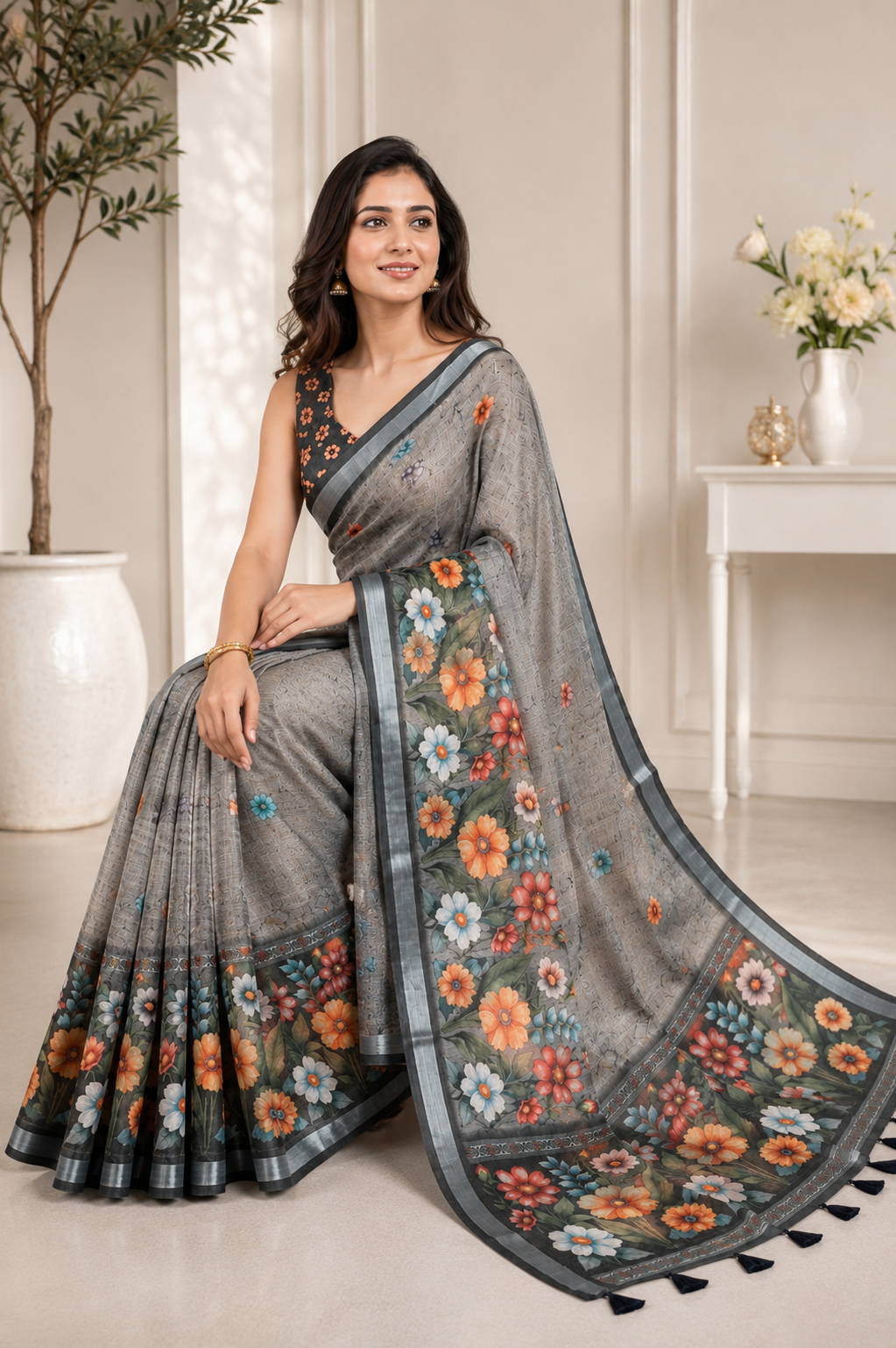 Grey Floral Printed Linen Blend Saree with Tassels