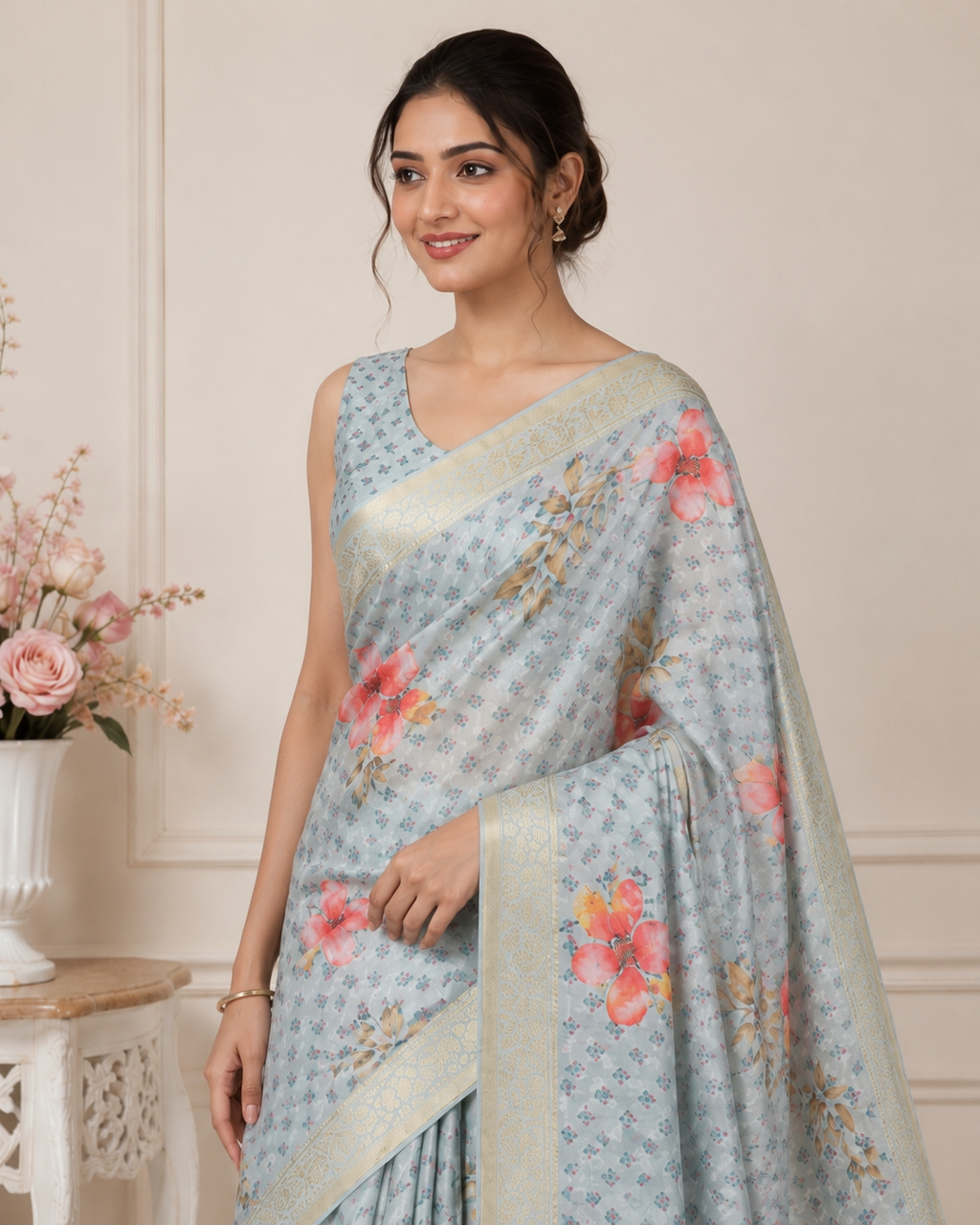 Grey Floral Printed Kanjivaram Silk Saree for Women | Elegant Traditional Saree