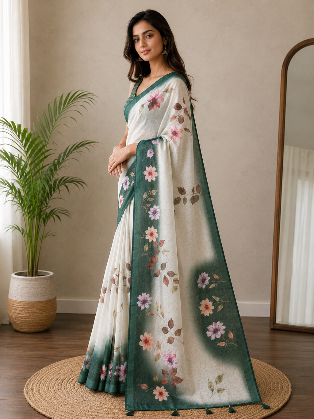 Grey Floral Border Printed Linen Blend Saree