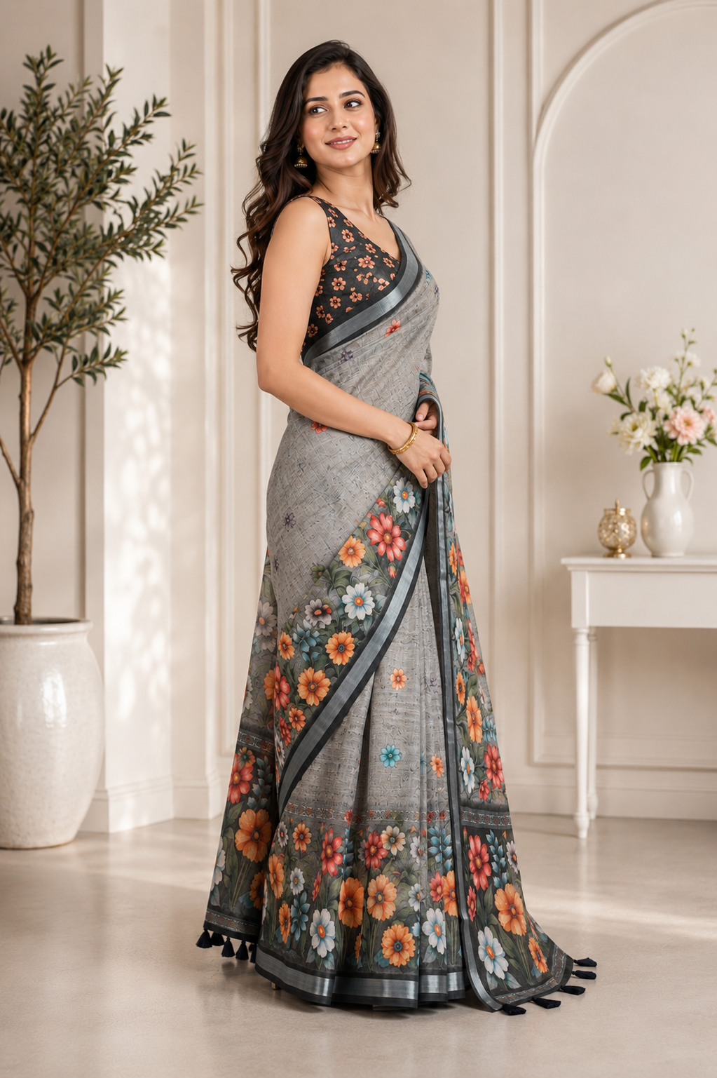 Grey Floral Printed Linen Blend Saree with Tassels