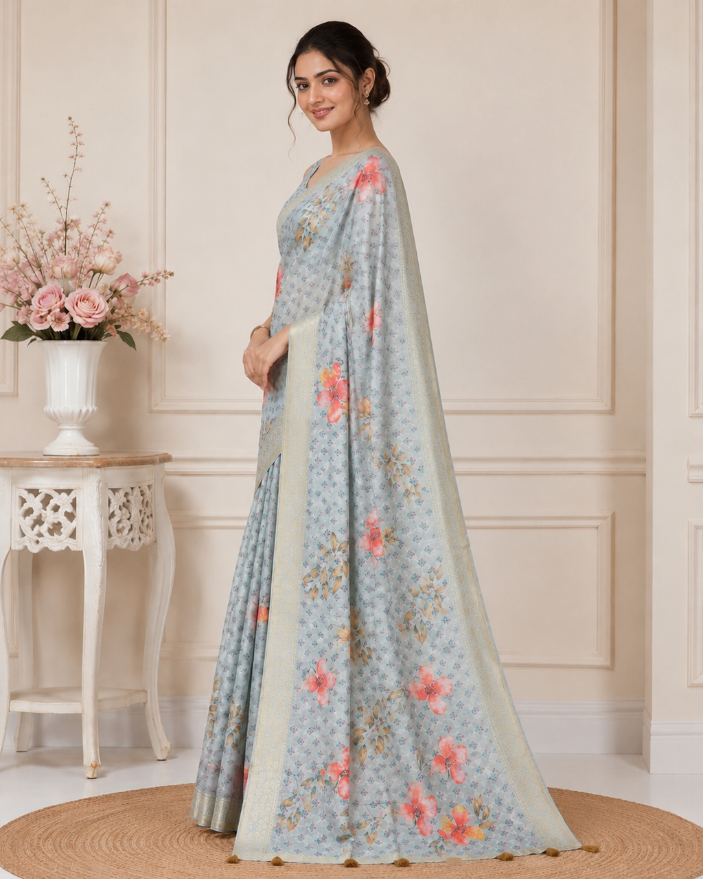 Grey Floral Printed Kanjivaram Silk Saree for Women | Elegant Traditional Saree