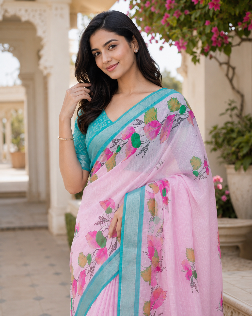 Light Pink Floral Linen Blend Saree with Aqua Blue Border | Elegant Printed Saree for Women