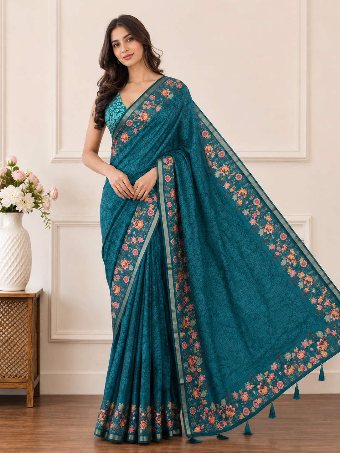 Rama Green Floral Border Linen Blend Saree for Women | Traditional Ethnic Saree
