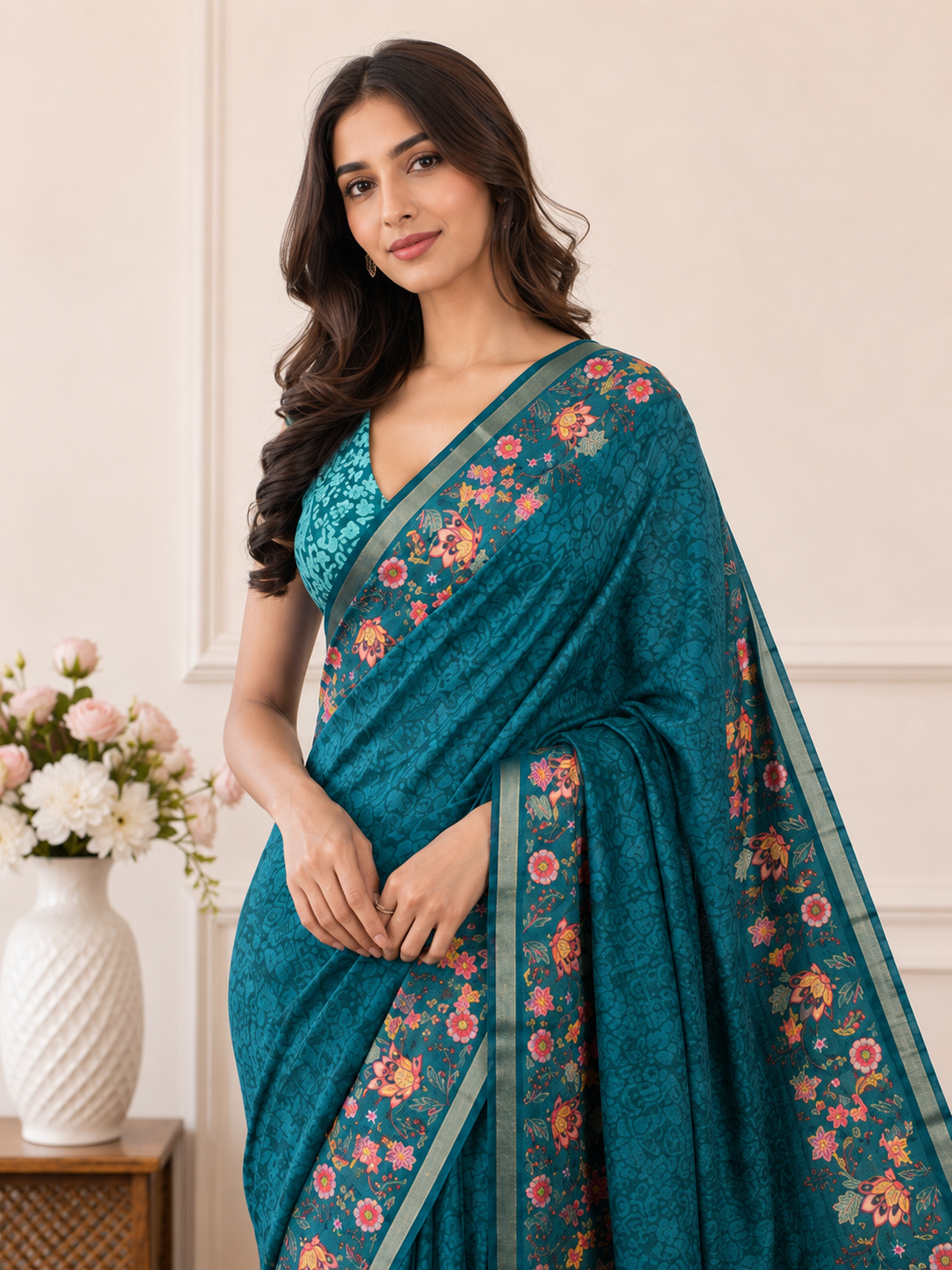 Rama Green Floral Border Linen Blend Saree for Women | Traditional Ethnic Saree