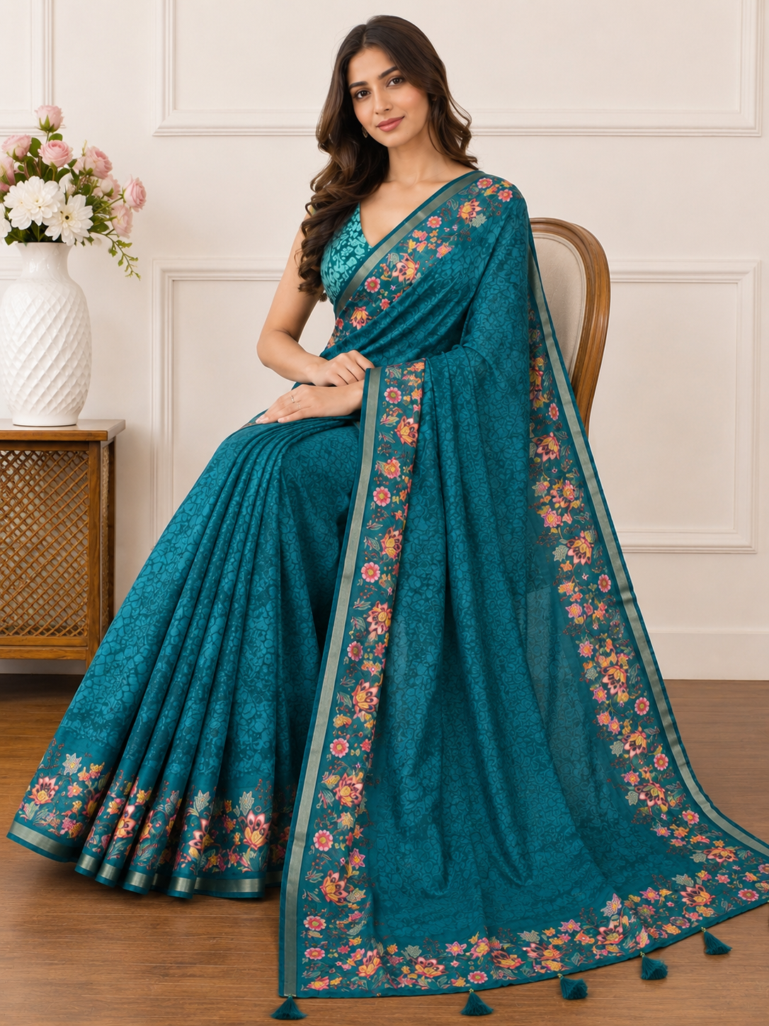 Rama Green Floral Border Linen Blend Saree for Women | Traditional Ethnic Saree