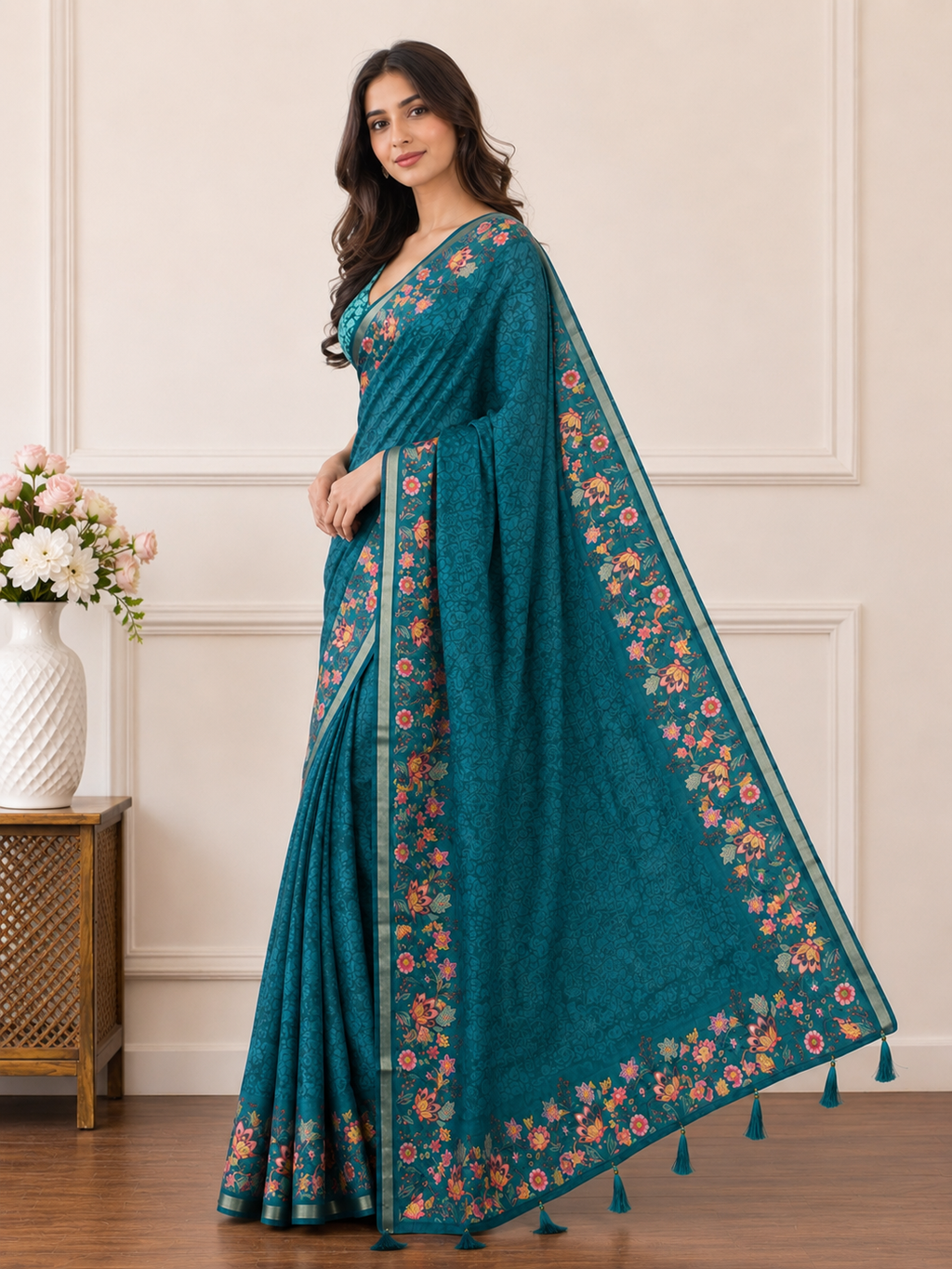Rama Green Floral Border Linen Blend Saree for Women | Traditional Ethnic Saree