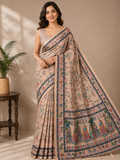 Beige Printed Linen Blend Saree for Women | Traditional Ethnic Saree