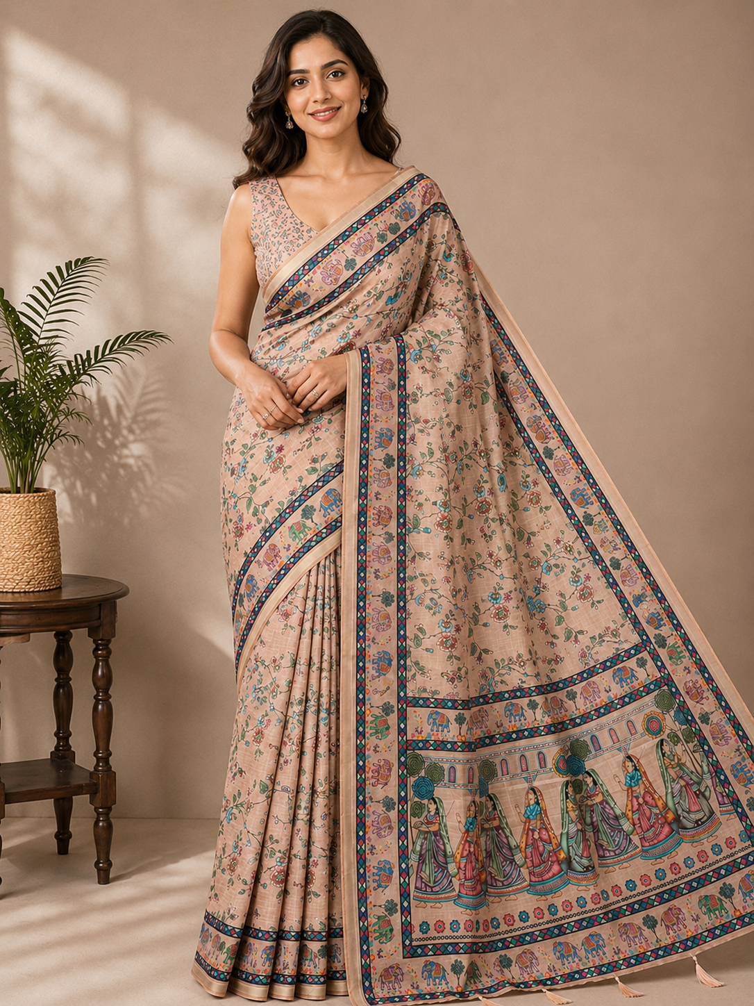 Beige Printed Linen Blend Saree for Women | Traditional Ethnic Saree