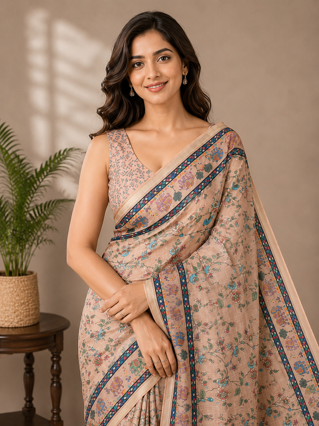 Beige Printed Linen Blend Saree for Women | Traditional Ethnic Saree
