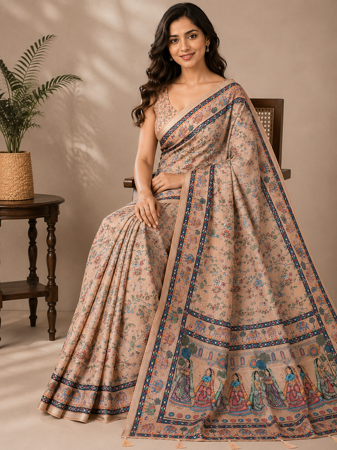 Beige Printed Linen Blend Saree for Women | Traditional Ethnic Saree