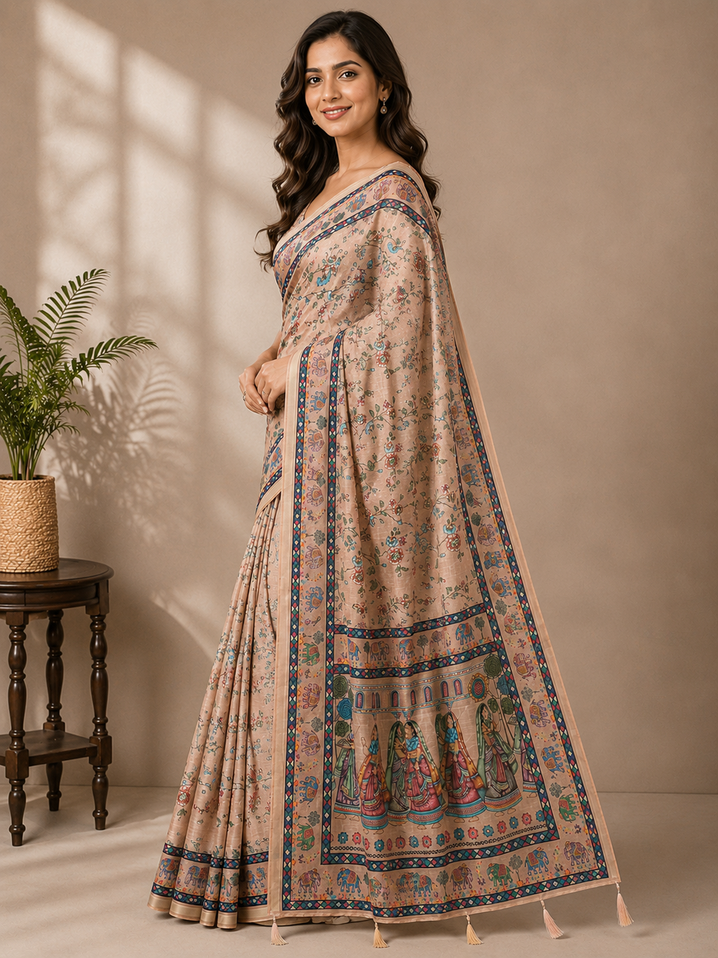 Beige Printed Linen Blend Saree for Women | Traditional Ethnic Saree