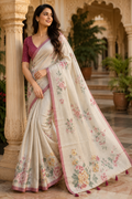 Aadatein Ivory Linen Digital Printed Saree with Soft Floral Print & Tassel Pallu