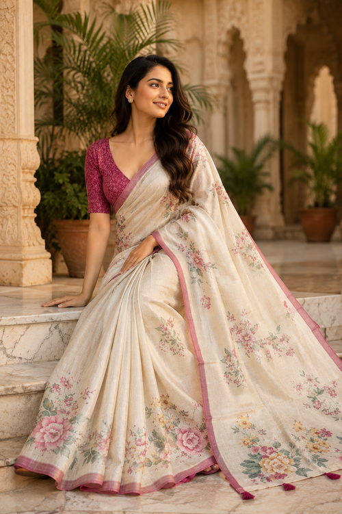 Aadatein Ivory Linen Digital Printed Saree with Soft Floral Print & Tassel Pallu