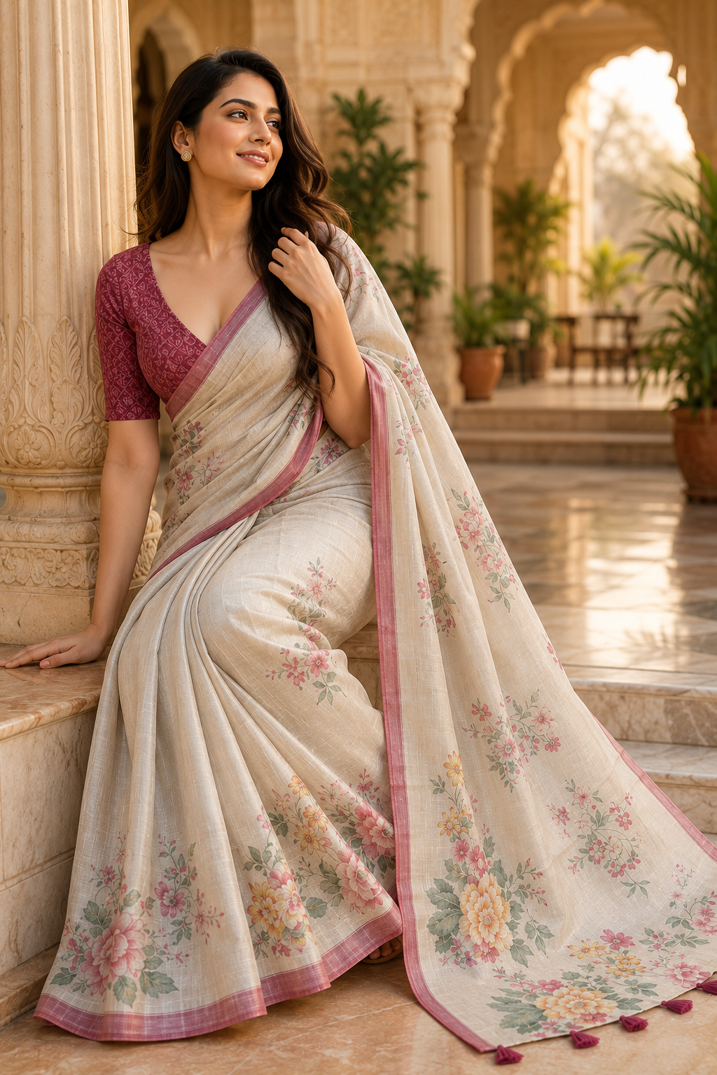 Aadatein Ivory Linen Digital Printed Saree with Soft Floral Print & Tassel Pallu