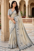 Beige Silk Blend Linen Saree for Women with Elegant Traditional Design & Designer Pallu
