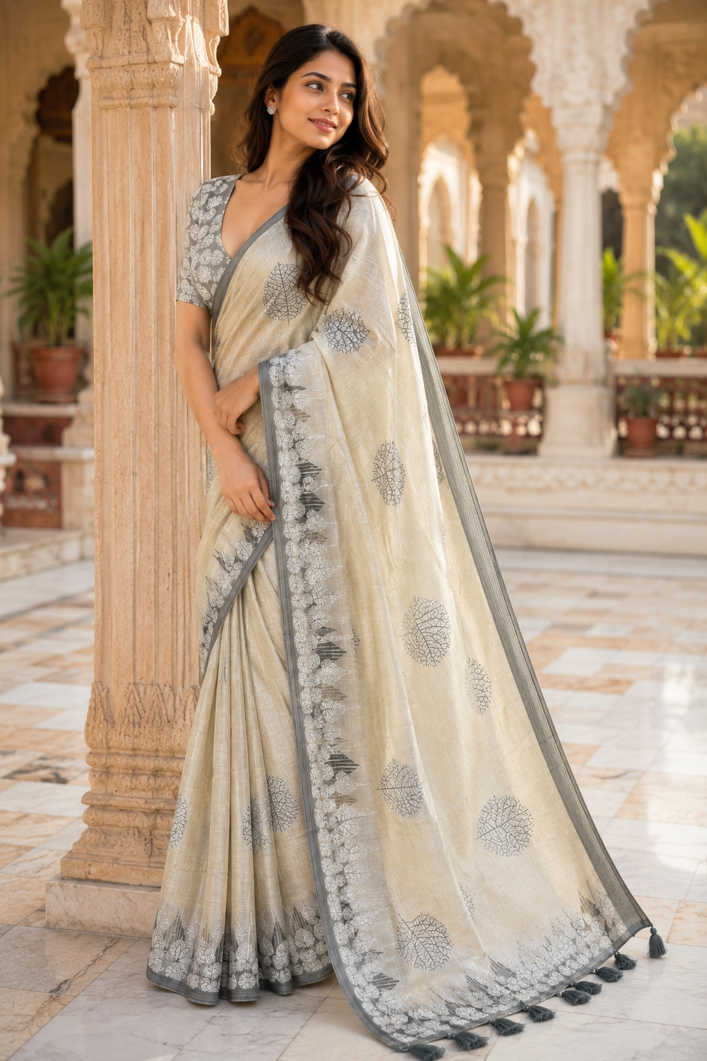 Beige Silk Blend Linen Saree for Women with Elegant Traditional Design & Designer Pallu