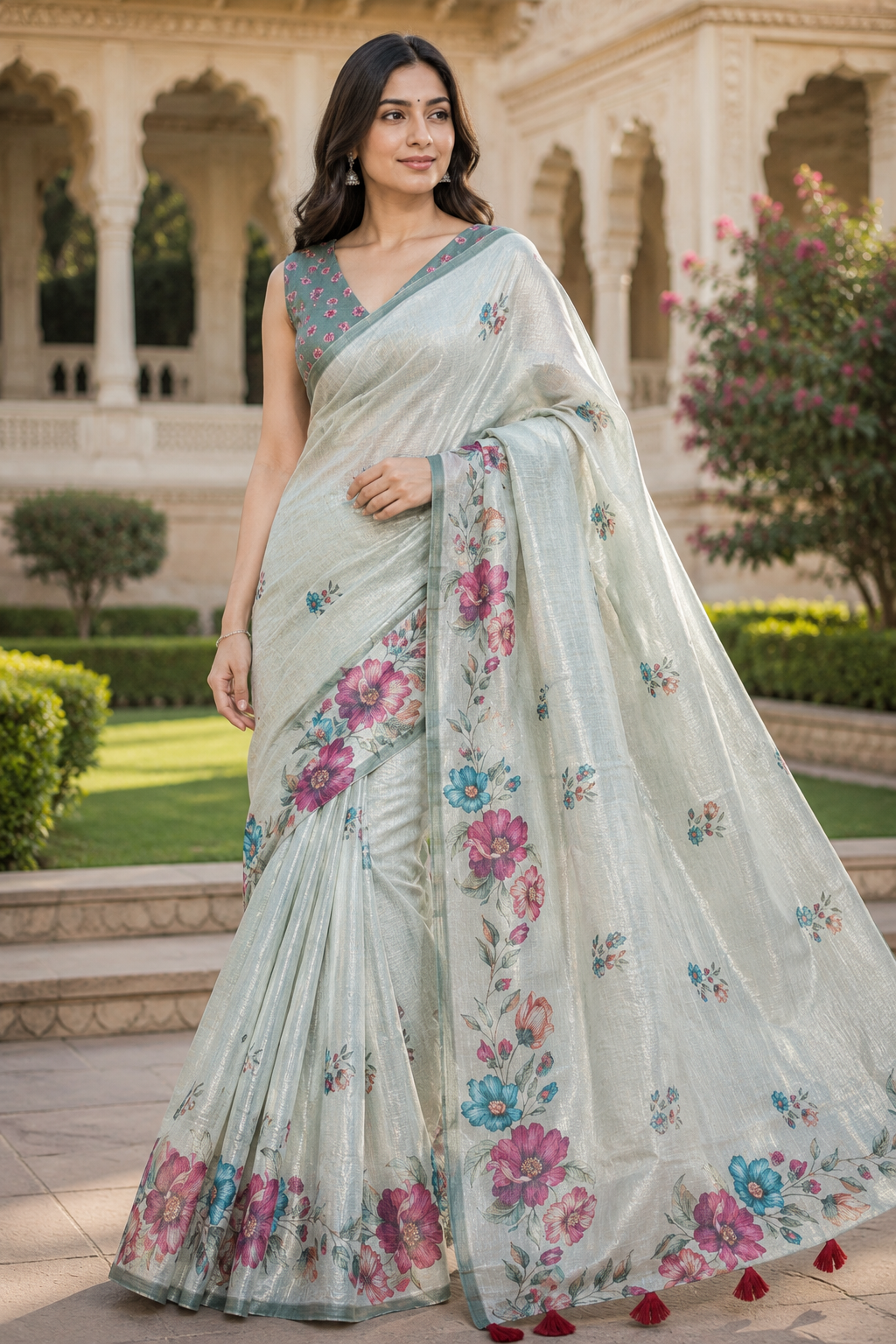 Mint Green Silk Blend Linen Saree for Women with Elegant Traditional Design & Designer Pallu