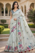 Mint Green Silk Blend Linen Saree for Women with Elegant Traditional Design & Designer Pallu