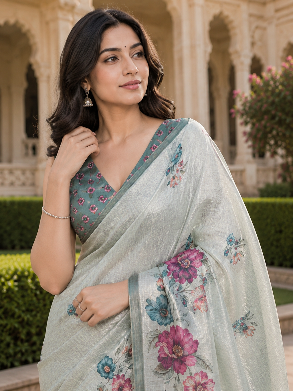 Mint Green Silk Blend Linen Saree for Women with Elegant Traditional Design & Designer Pallu