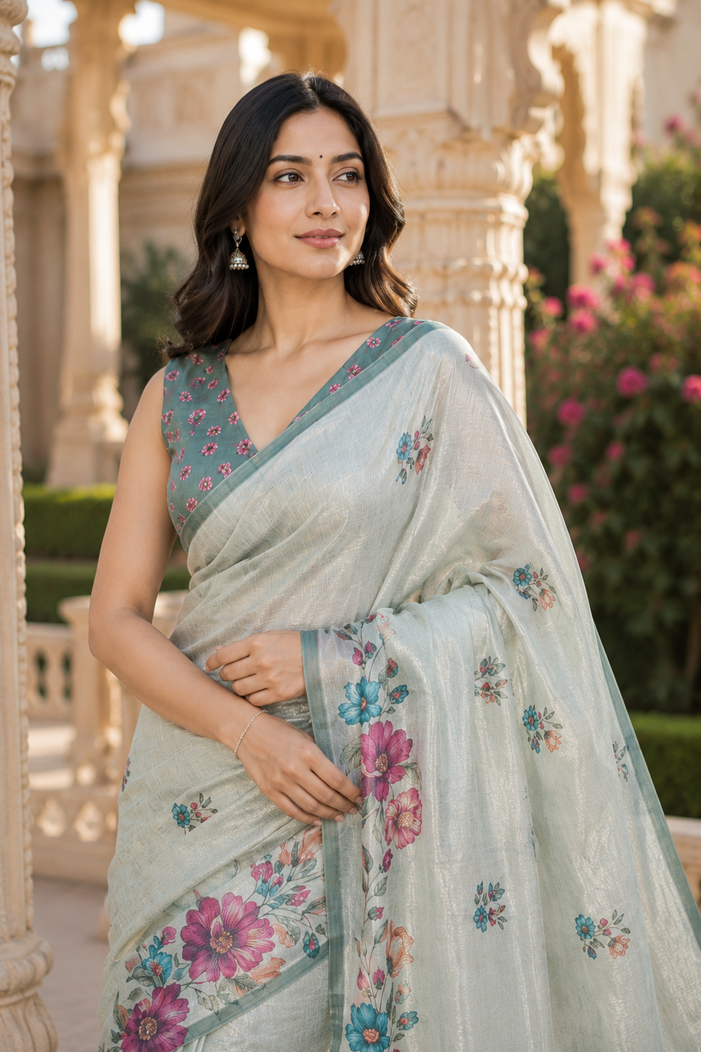 Mint Green Silk Blend Linen Saree for Women with Elegant Traditional Design & Designer Pallu