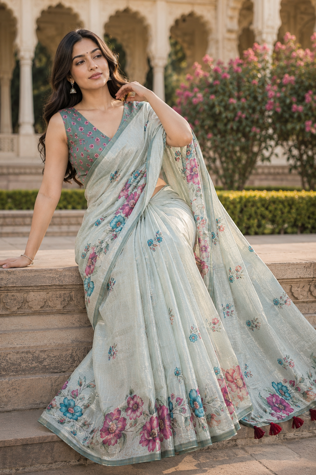 Mint Green Silk Blend Linen Saree for Women with Elegant Traditional Design & Designer Pallu