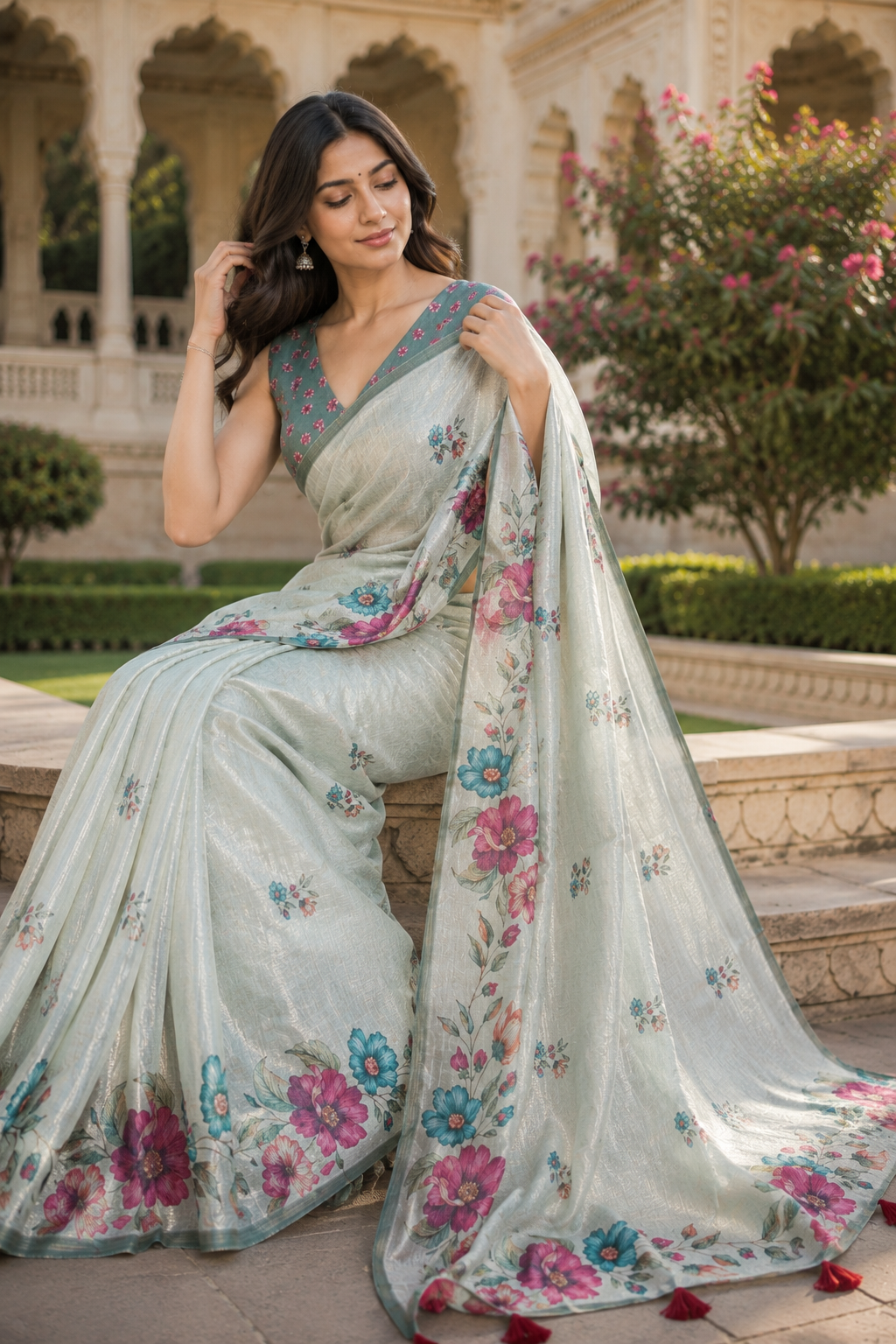 Mint Green Silk Blend Linen Saree for Women with Elegant Traditional Design & Designer Pallu