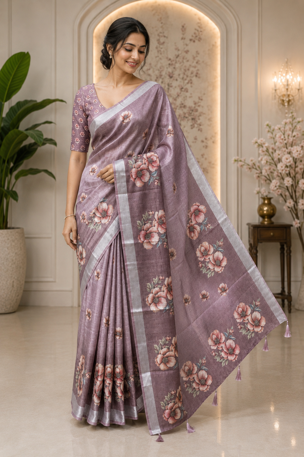 Light Wine Floral Printed Linen Blend Saree with Tassels