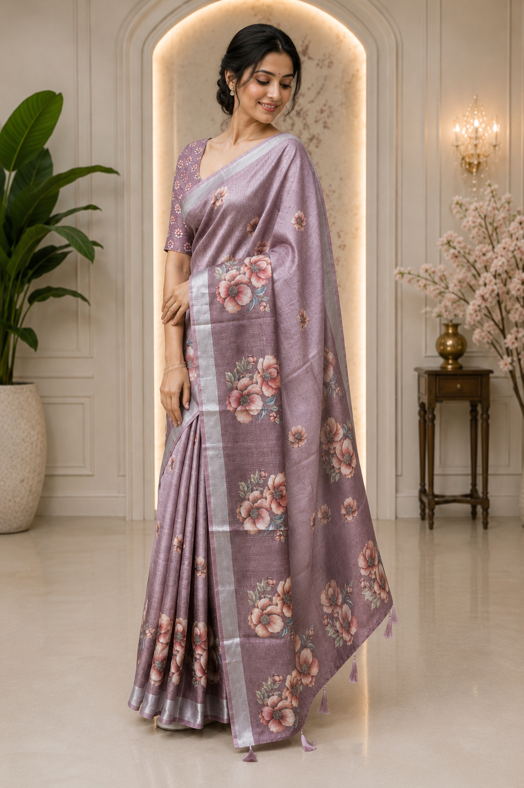 Light Wine Floral Printed Linen Blend Saree with Tassels
