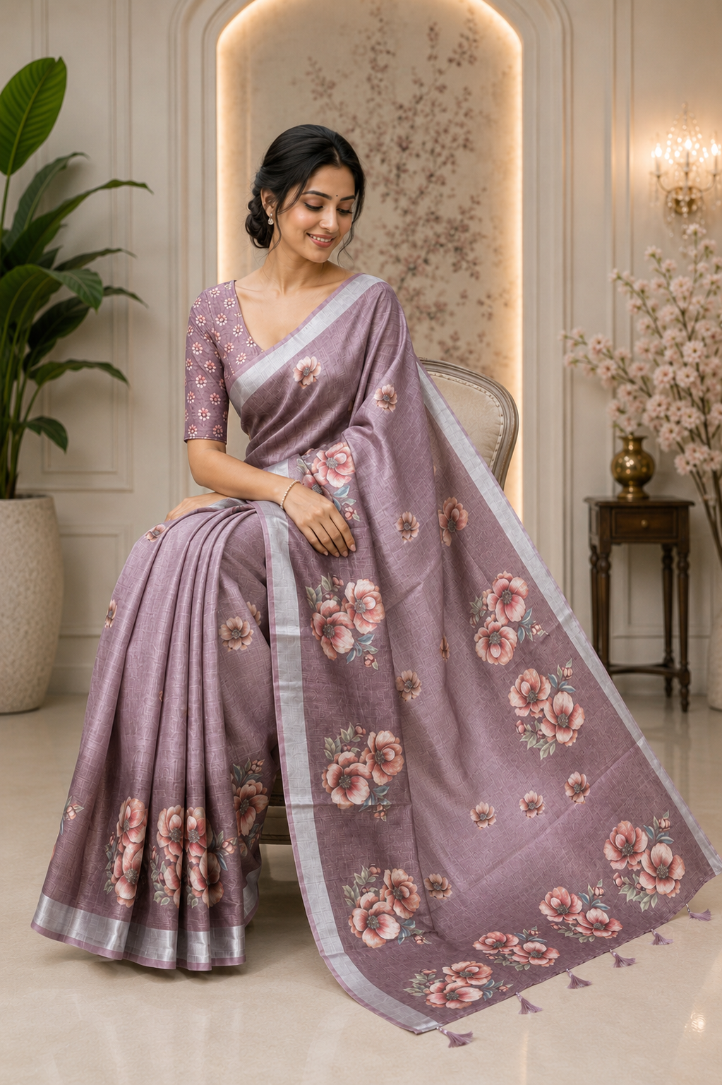 Light Wine Floral Printed Linen Blend Saree with Tassels