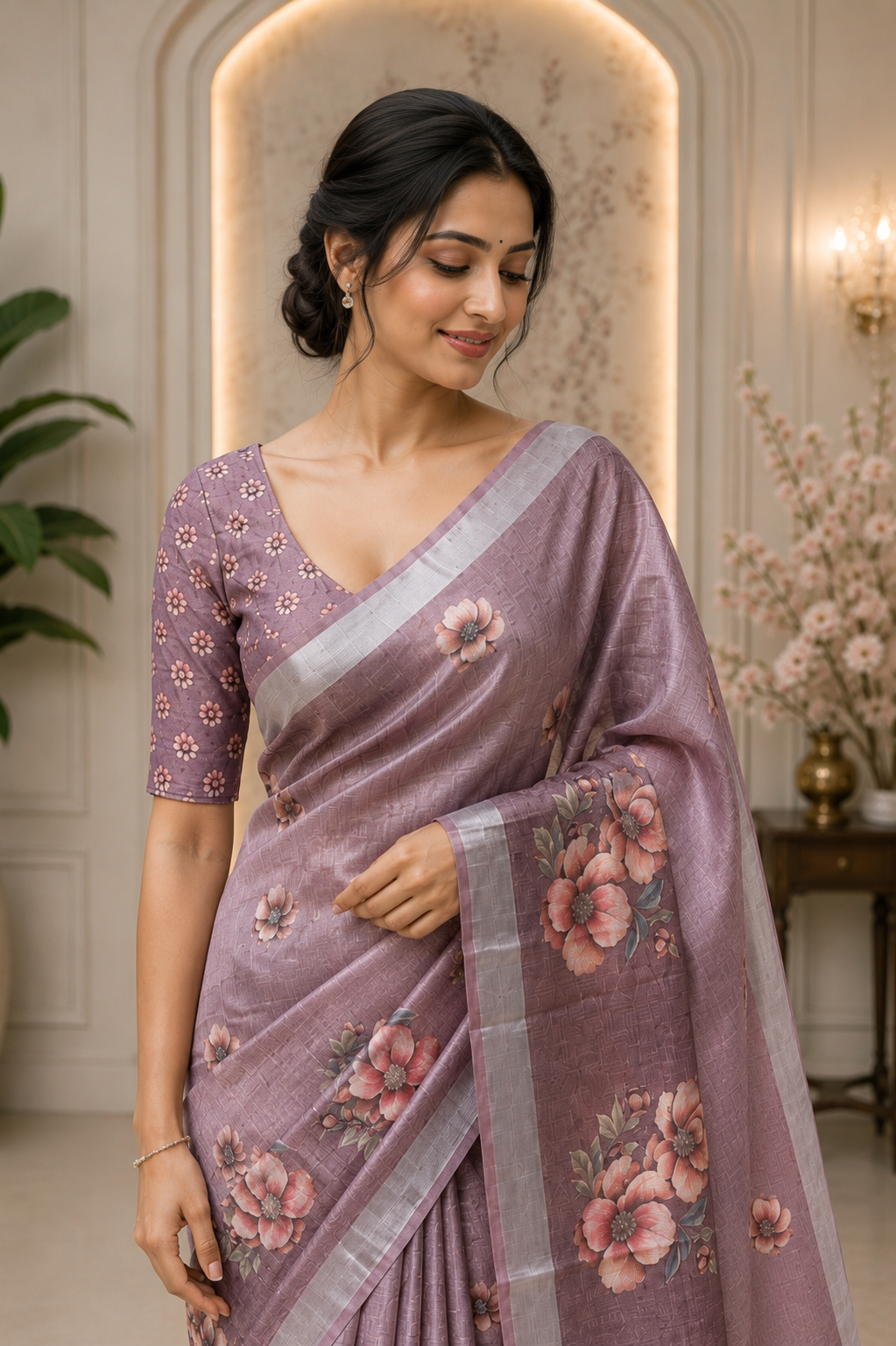 Light Wine Floral Printed Linen Blend Saree with Tassels
