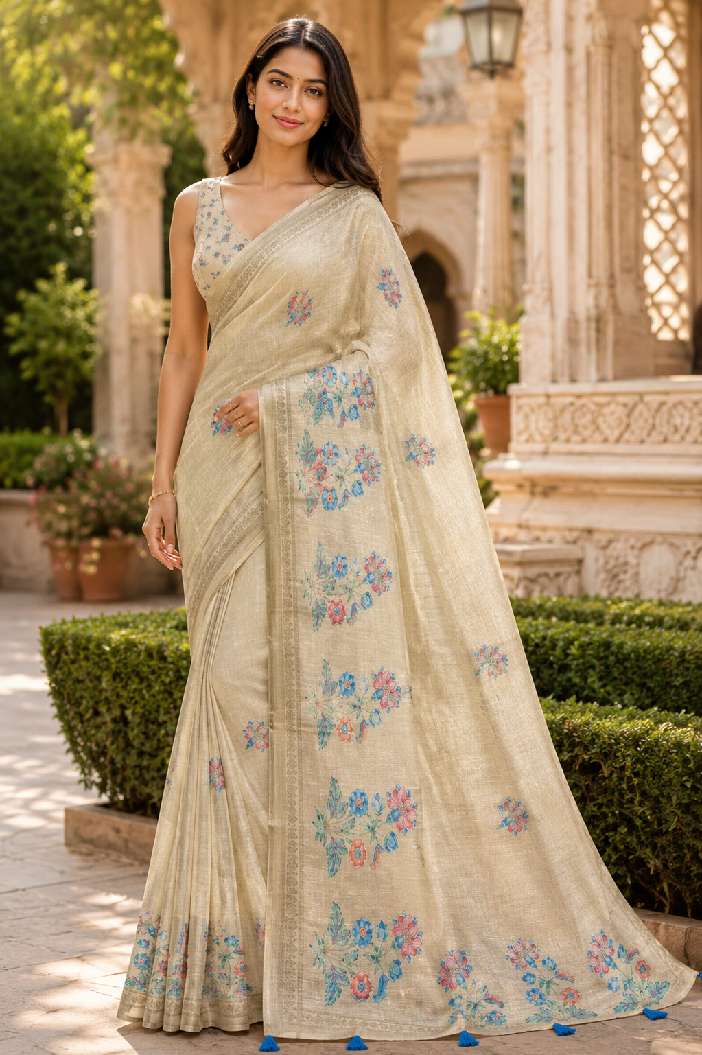 Aadatein Cream Linen Digital Printed Saree with Pastel Floral Print & Woven Border