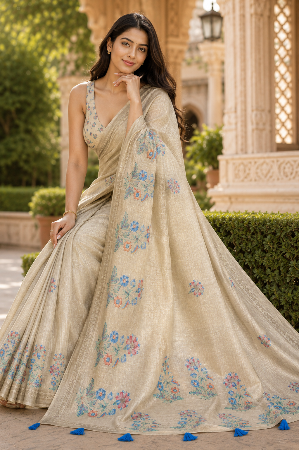 Aadatein Cream Linen Digital Printed Saree with Pastel Floral Print & Woven Border