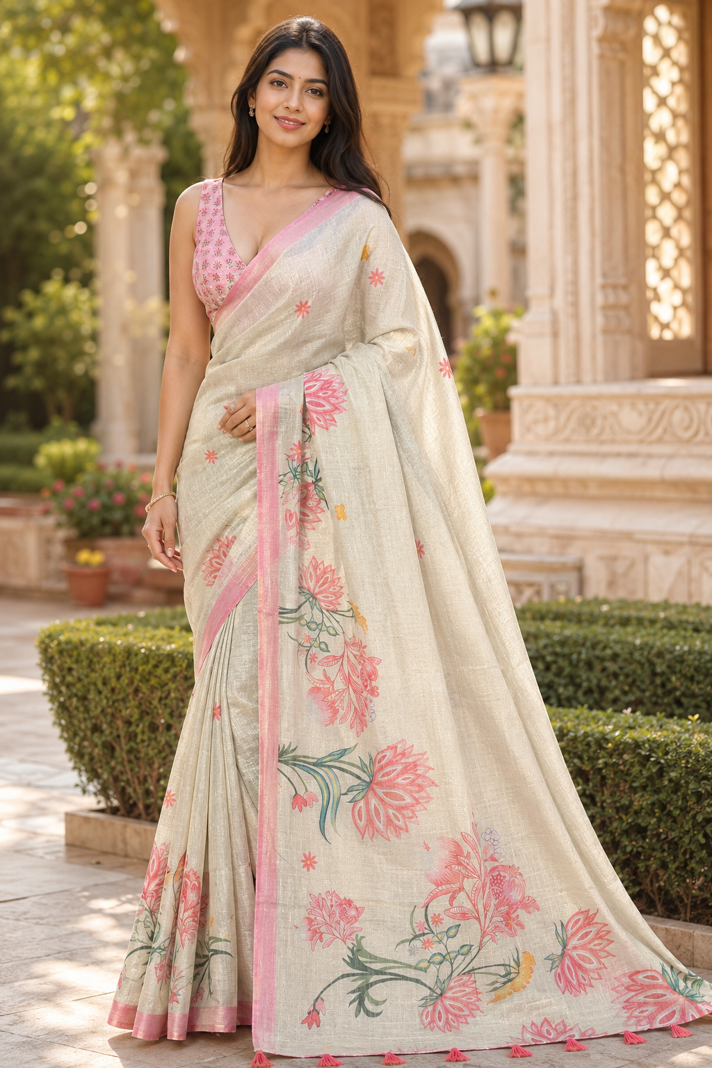 Cream Linen Silk Blend Saree for Women with Elegant Traditional Design & Designer Pallu